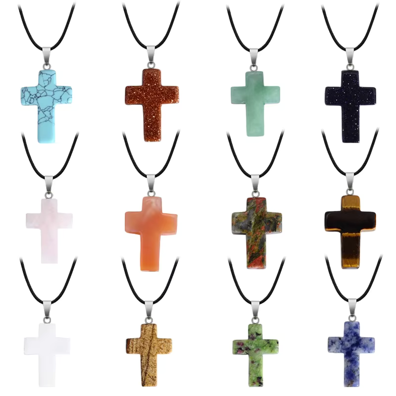 Natural Engraved Crystal Stone Cross Pendant Gemstone Necklace for Jewelry Making