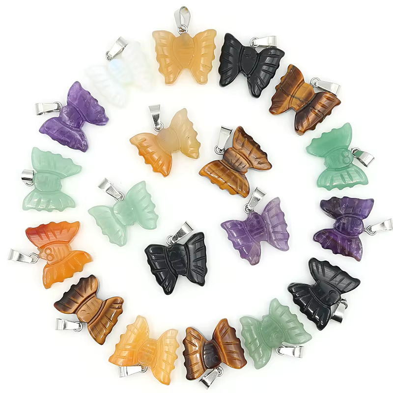 Hand Carved Stone Butterfly Pendant Natural Healing Crystal Quartz Stone Animal Butterfly Pendants F