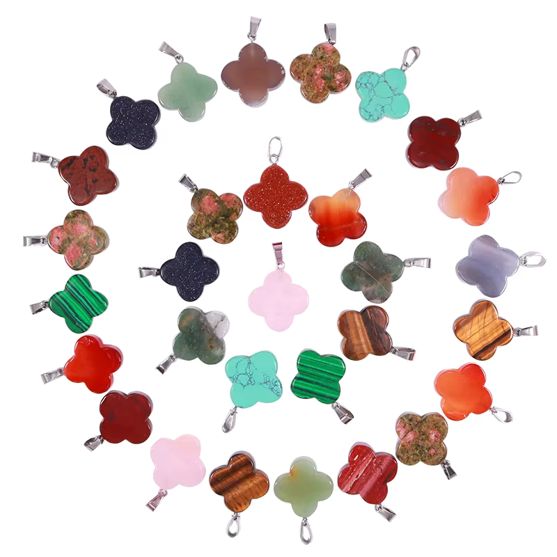 Natural Gemstone Four Leaf Lucky Clover Bead Stone Pendants for Jewelry Making Alloy Pendant 